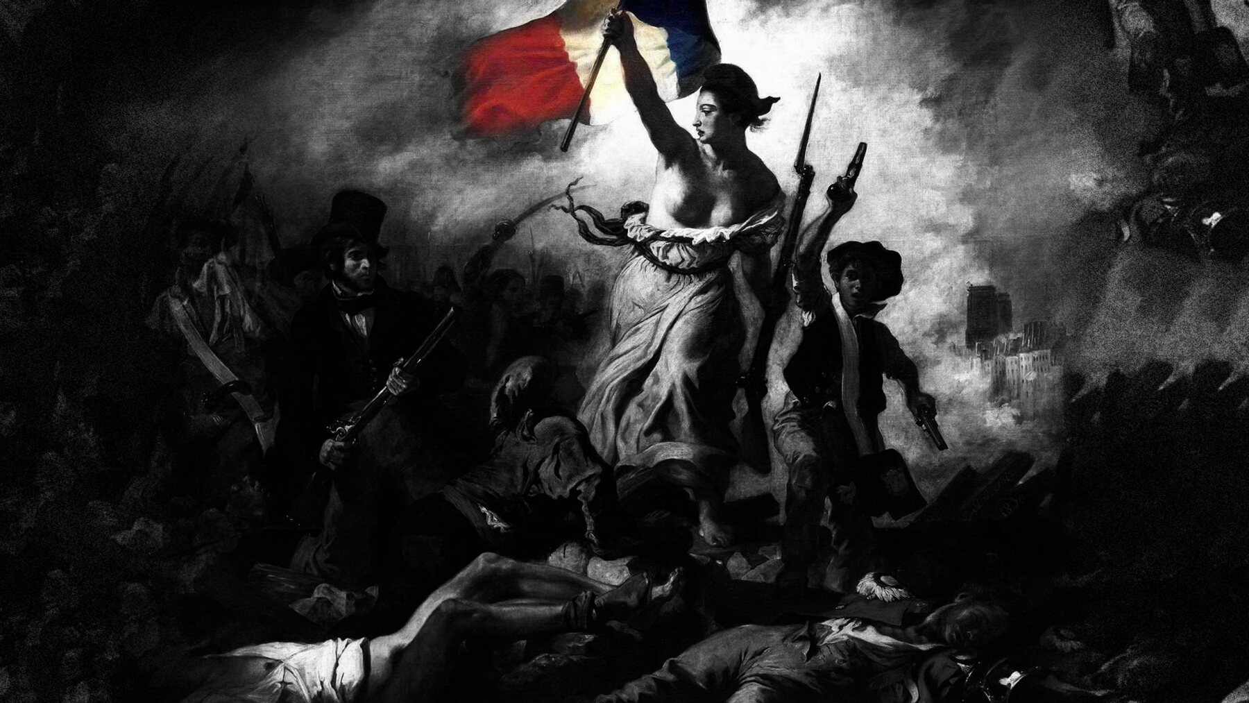 La Liberté guidant le peuple, Eugène Delacroix, en noir et blanc avec le drapeau tricolore