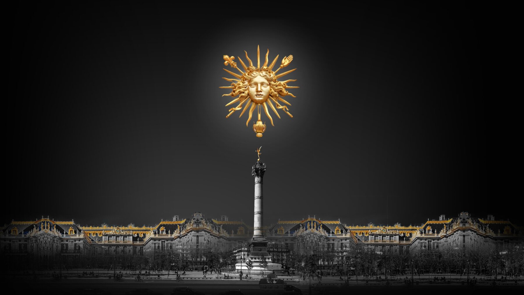Emblème du Roi Soleil au-dessus de Paris